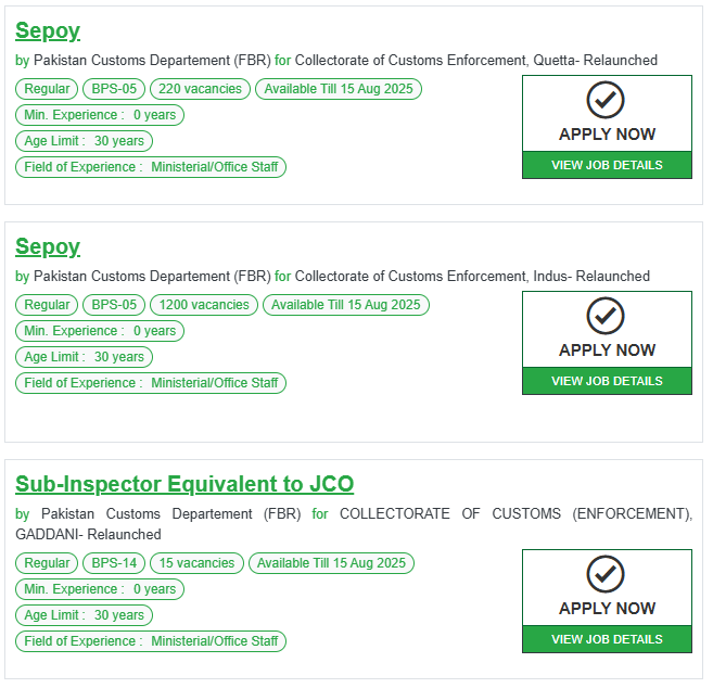 Pakistan Custom Jobs 2025 Online Apply