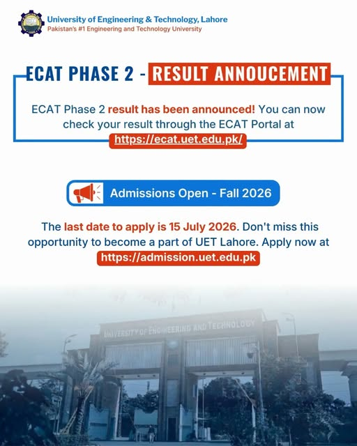 UET Lahore ECAT Phase 2 Result 2026